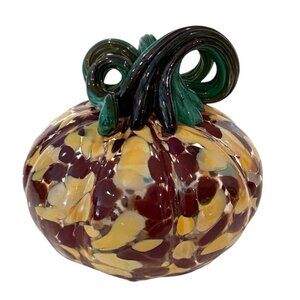 Hand Blown Art Glass Pumpkin Gourd Brown Beige Green Stem Autumn Decor Signed 5"